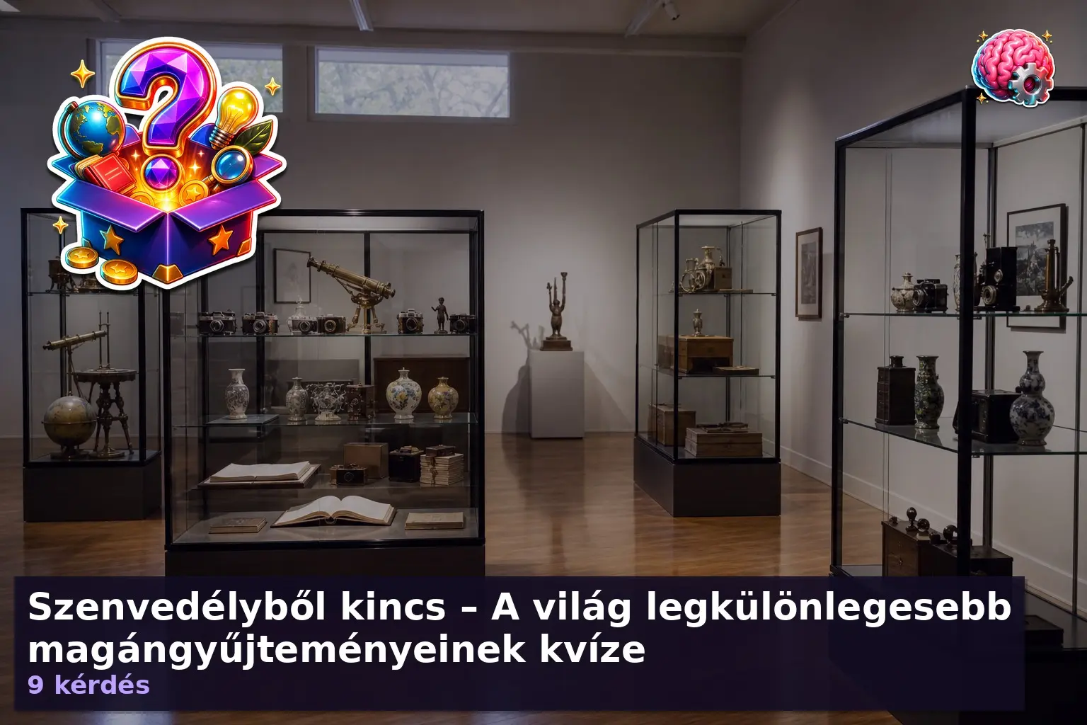 Magángyűjtemény kvíz témájú ritka tárgyak vitrinekben