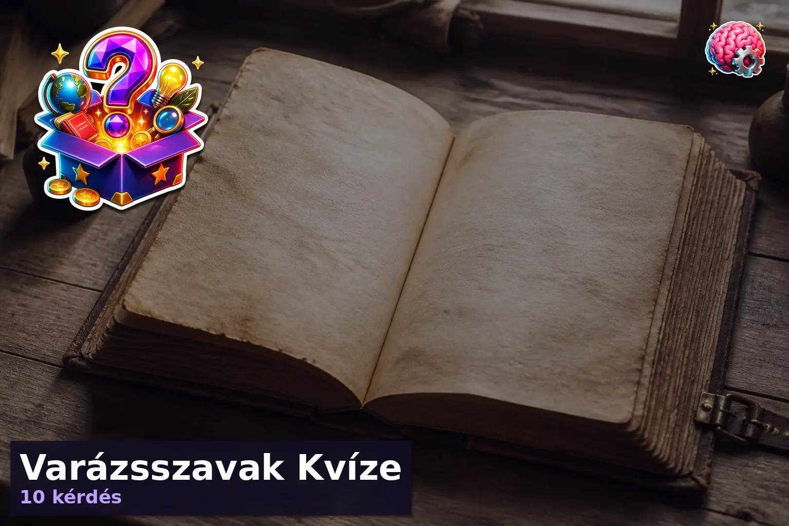 Nyitott régi könyv a varázsszavak kvíz témájához