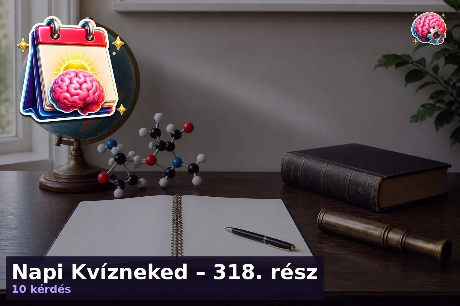 Vegyes kvíz témáit jelző tárgyak egy asztalon