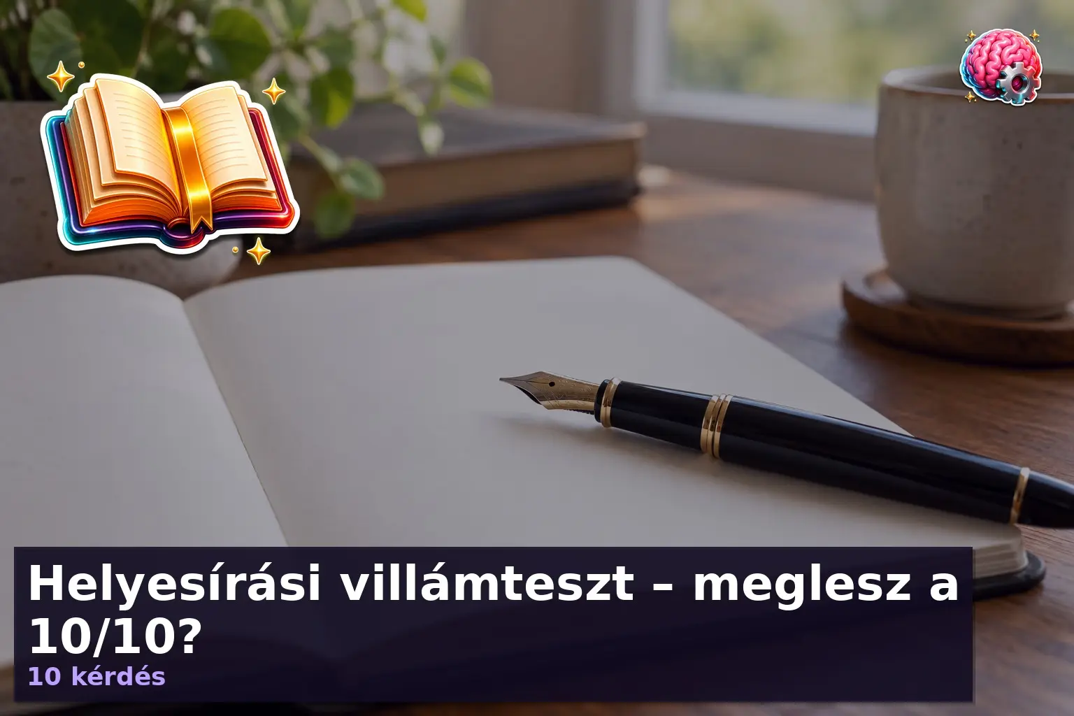 Helyesírás kvíz illusztráció: toll egy nyitott jegyzetfüzeten