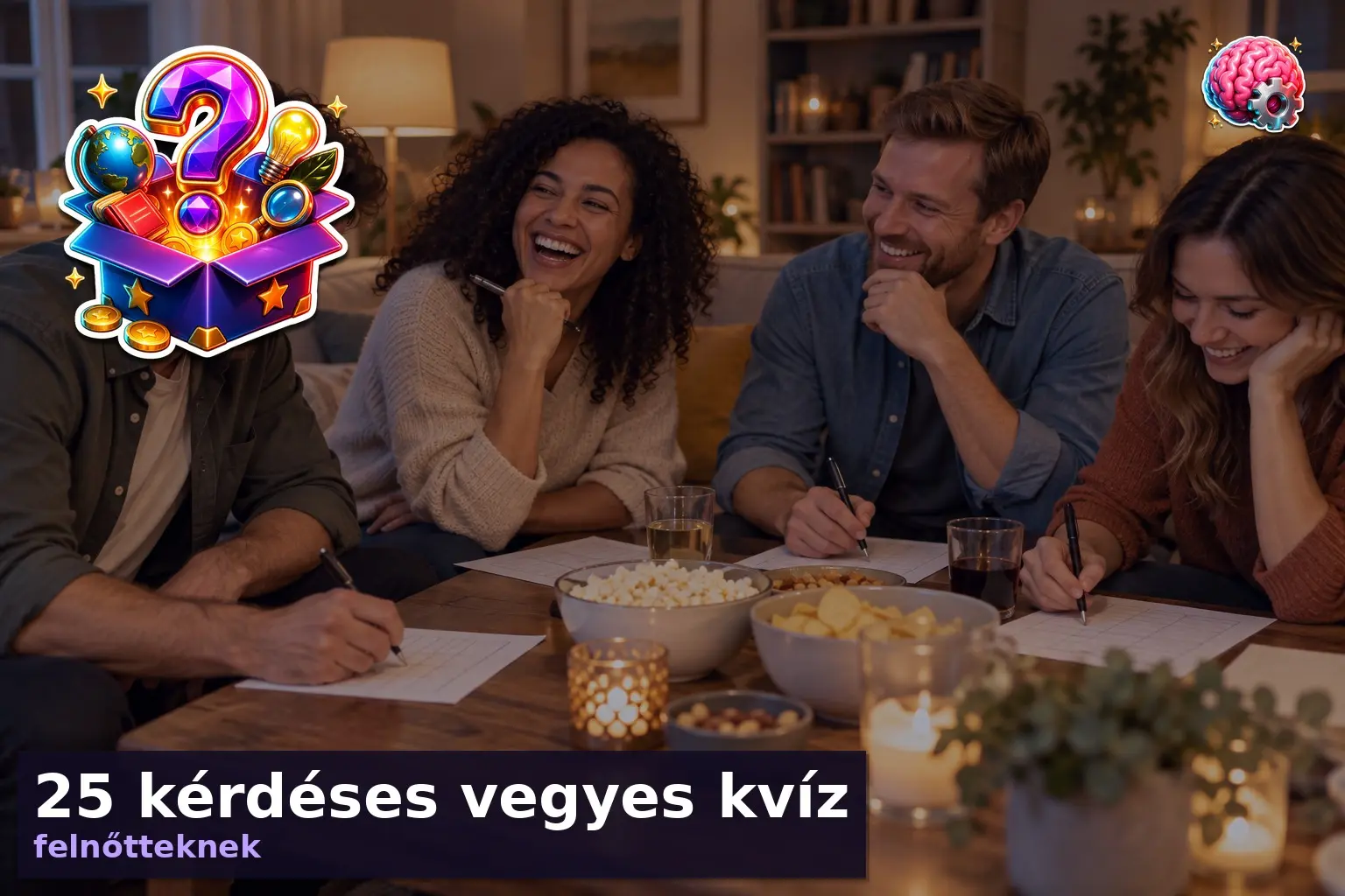Felnőtt baráti társaság kvízezik egy nappaliban