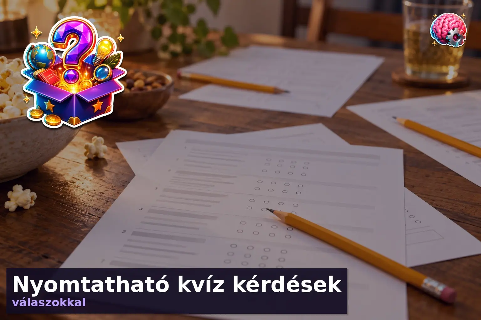Kérdéssorok – nyomtatható kvíz kérdések válaszokkal 2 Kinyomtatott kvízlapok és ceruzák egy asztalon