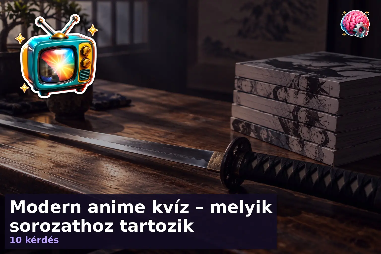 Modern anime kvíz borítókép katanával és manga kötetekkel