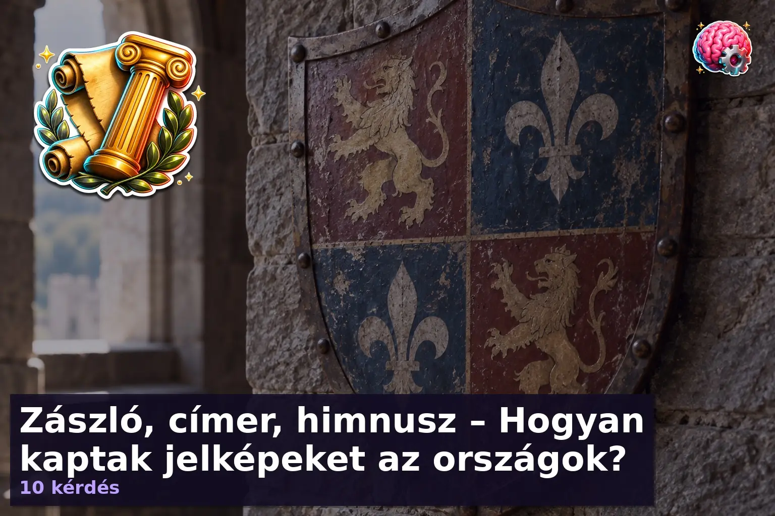 Nemzeti jelképek kvíz témájához kapcsolódó heraldikai pajzs kőfalon