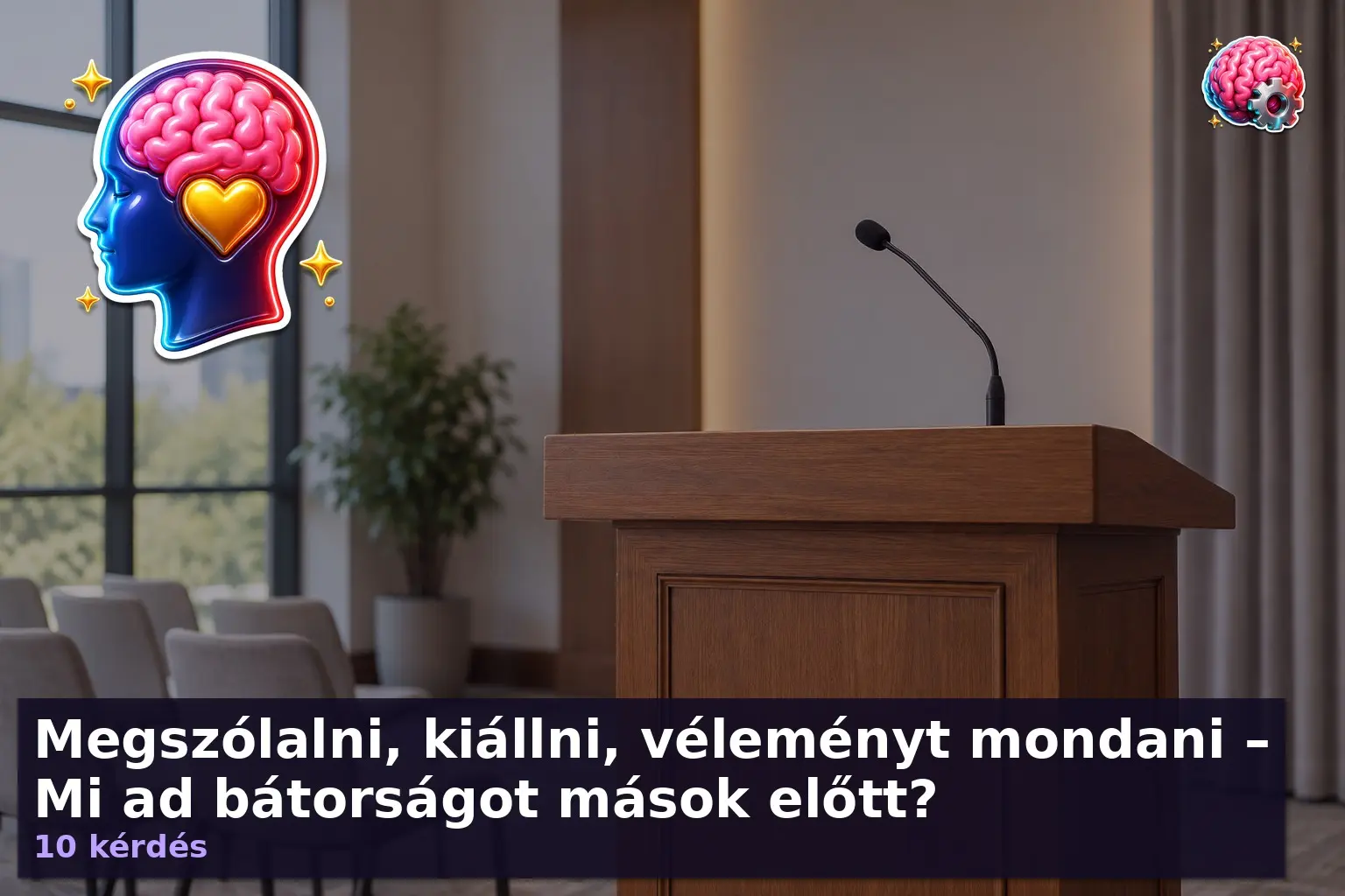 Önbizalom kvíz háttérkép: üres pulpitus mikrofonnal konferenciateremben