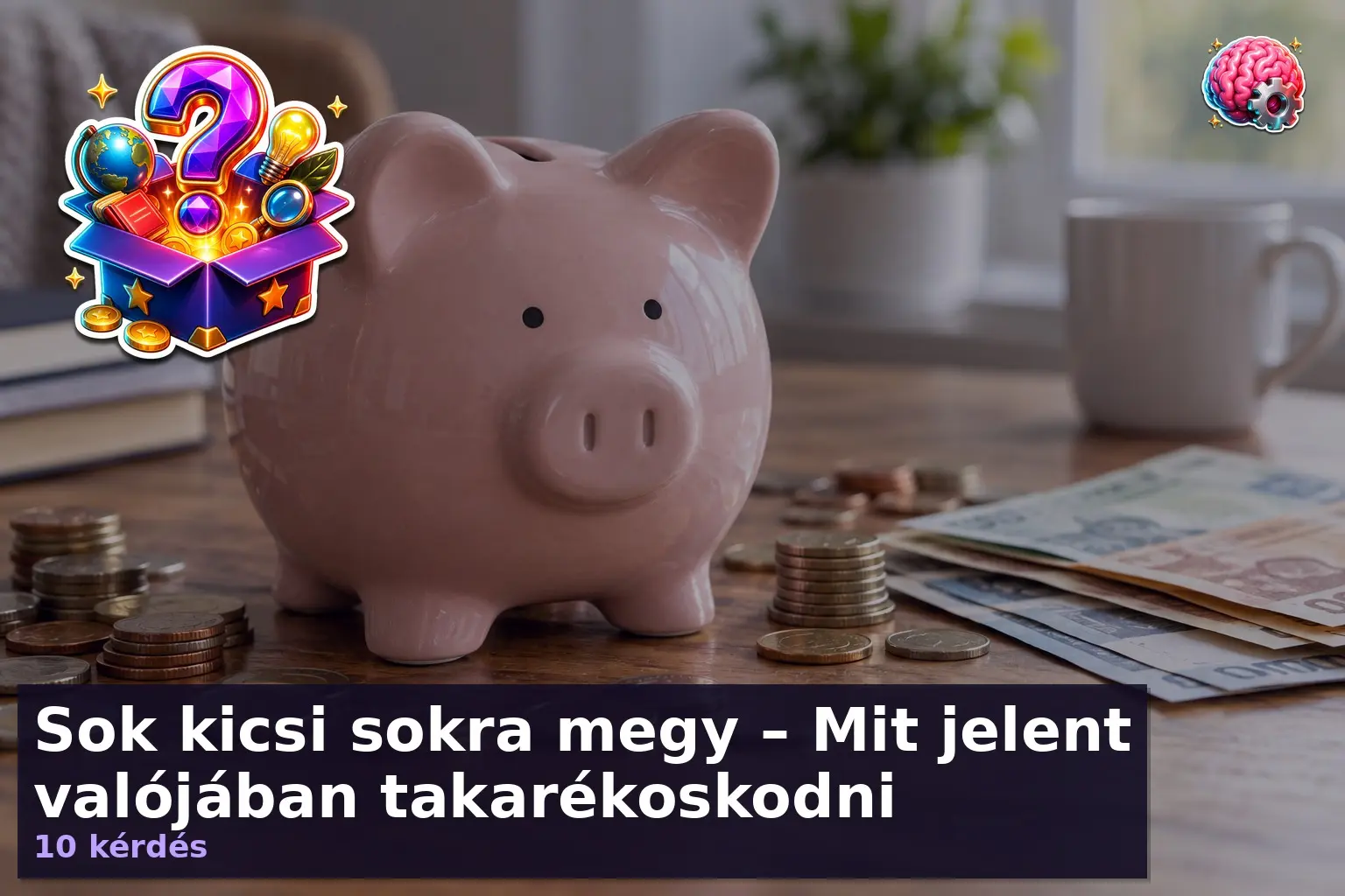 Persely és érmék a takarékoskodás kvíz illusztrációjaként