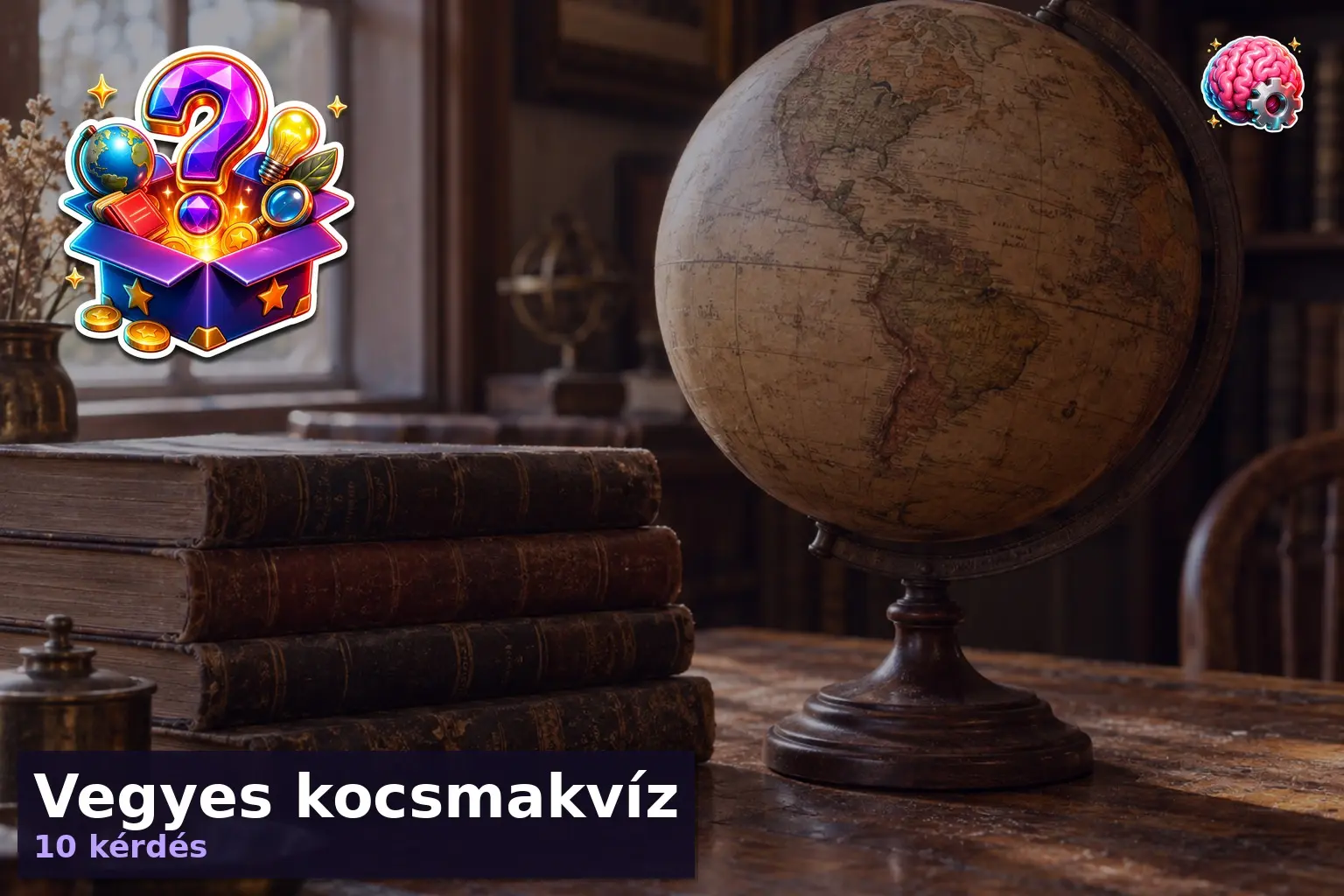 Vegyes kvíz illusztráció földgömbbel és könyvekkel