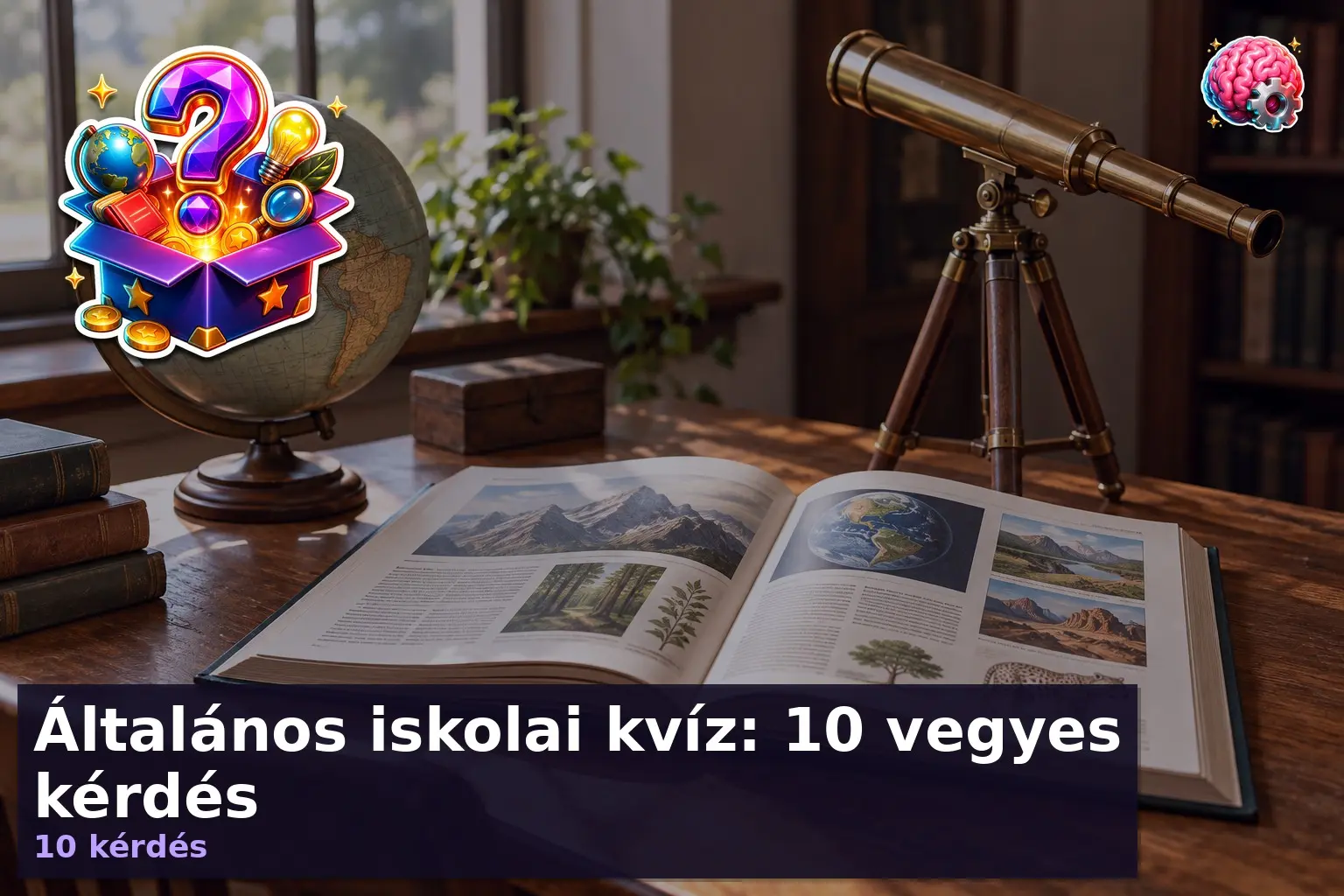 Vegyes kvíz illusztráció globusszal és könyvekkel