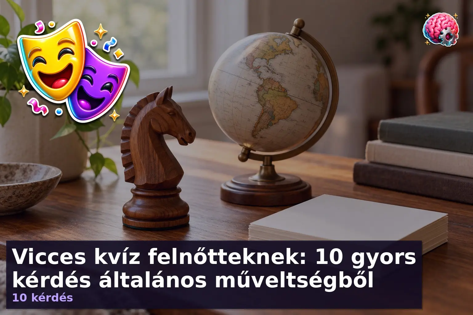 Általános műveltség kvíz illusztráció sakkfigurával és földgömbbel