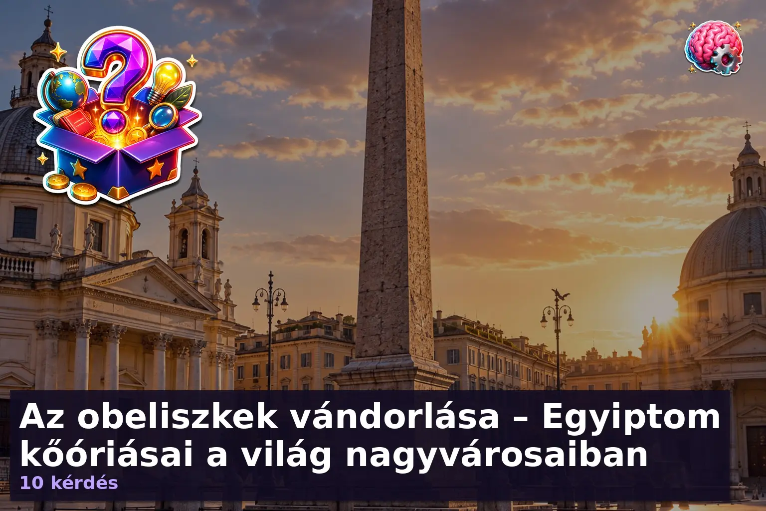 Egyiptomi obeliszk kvíz illusztráció: ókori kőoszlop egy nagyváros főterén