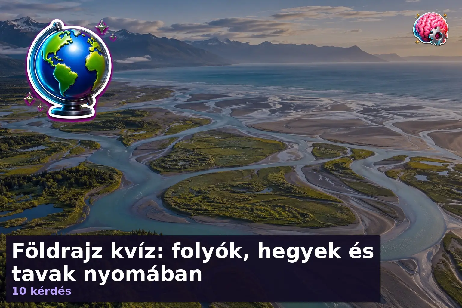 Földrajz kvíz illusztráció: folyódelta és zöld vízpart légi fotón