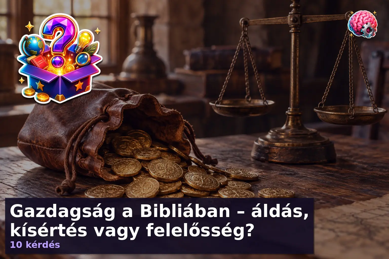 Gazdagság a Bibliában – áldás, kísértés vagy felelősség? 6 Gazdagság a Bibliában kvíz illusztráció: régi érmék és mérleg