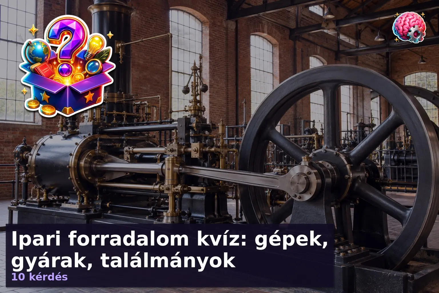 Ipari forradalom kvíz: gépek, gyárak, találmányok 9 Ipari forradalom kvíz illusztráció: gőzgép egy régi gyári csarnokban