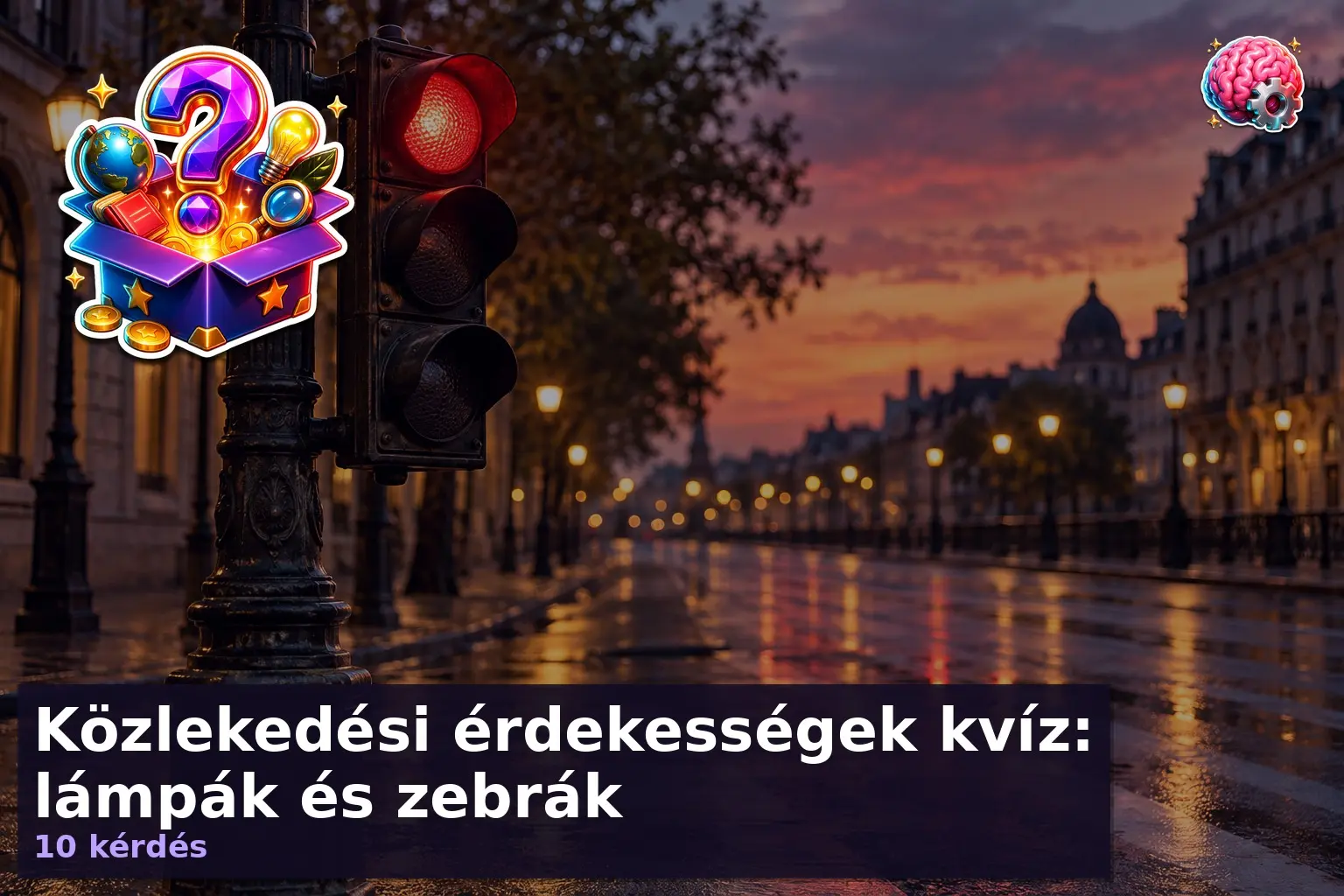 Közlekedési lámpa kvíz illusztráció: piros jelzőlámpa éjszakai utcán