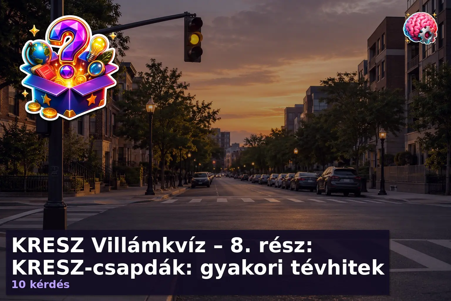 KRESZ Villámkvíz – 8. rész: KRESZ-csapdák: gyakori tévhitek 1 Sárga jelzőlámpa egy kihalt kereszteződésben a kresz villámkvíz 8. rész illusztrációjaként