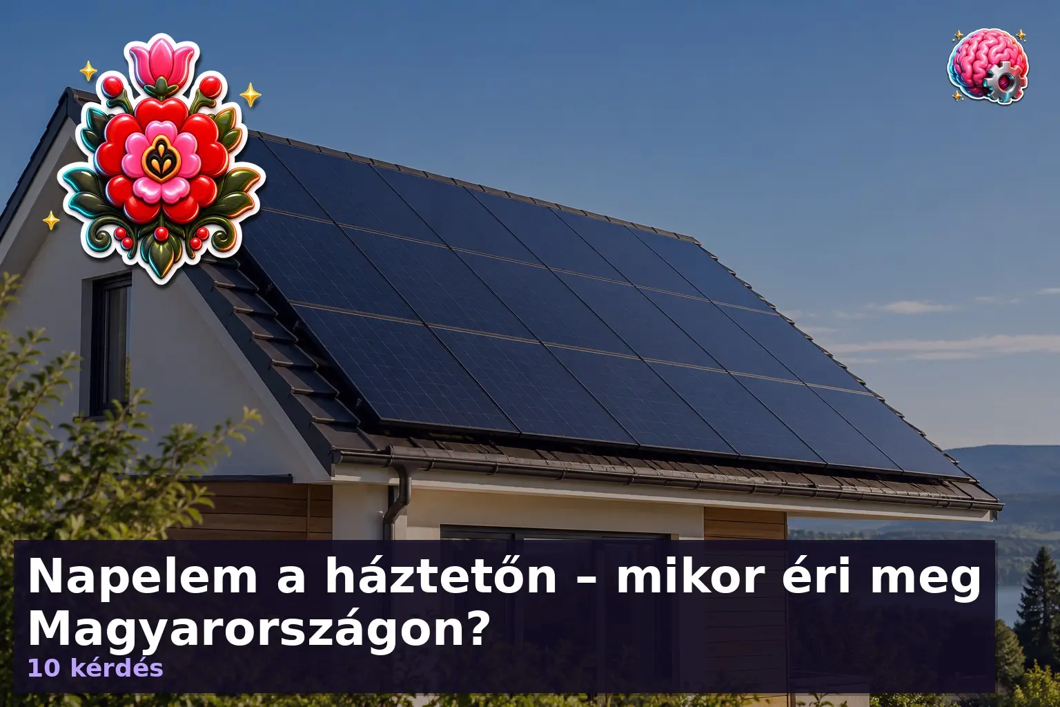 Napelem kvíz illusztráció: napelemes háztető verőfényben