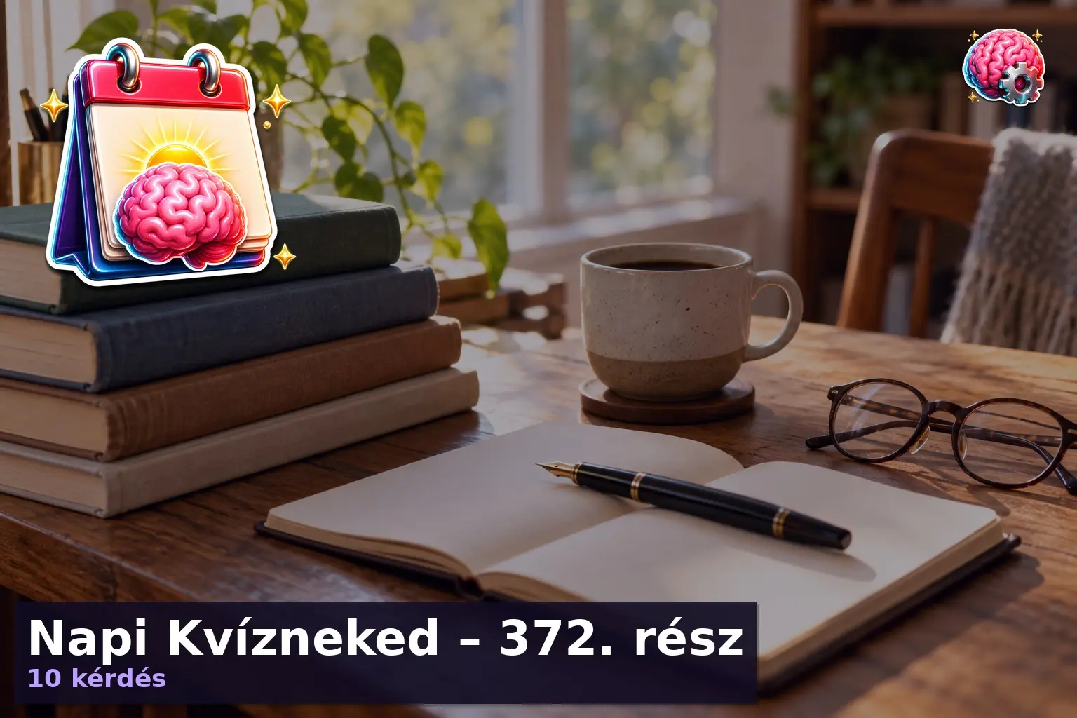 Napi Kvízneked – 372. rész 6 Könyvek, kávé és toll az íróasztalon – illusztráció a napi kvíz 372. rész bejegyzéshez