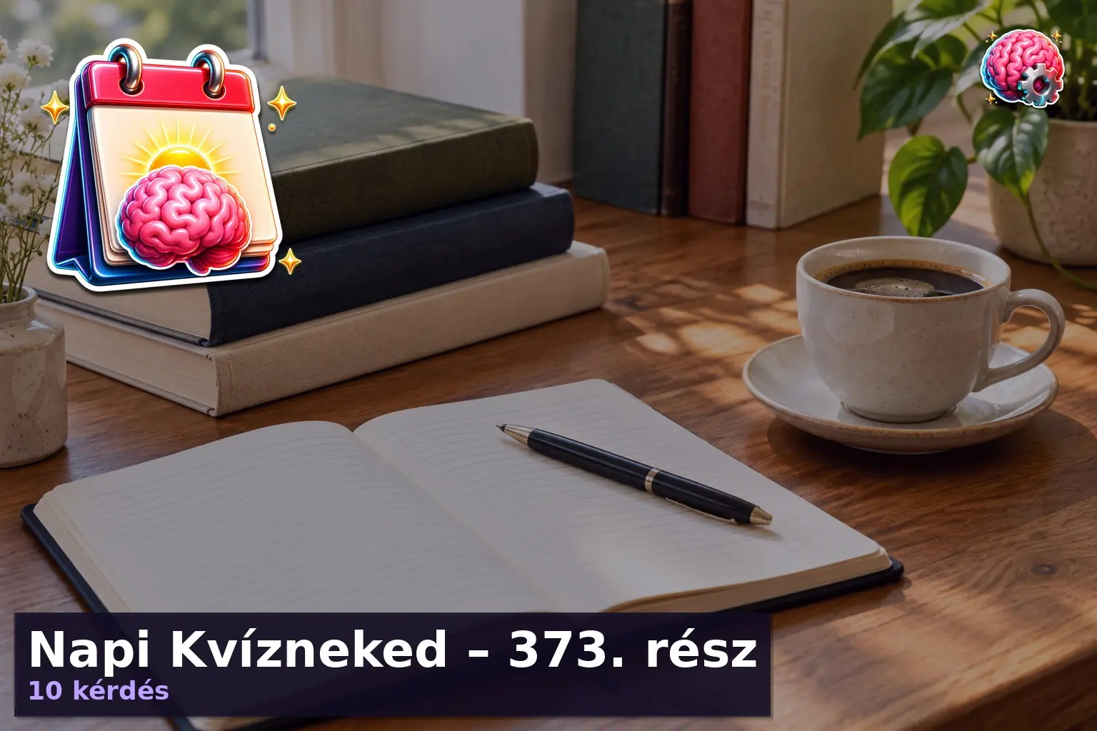 Napi Kvízneked – 373. rész 5 Könyvek, kávé és toll egy asztalon – napi kvíz 373. rész illusztráció