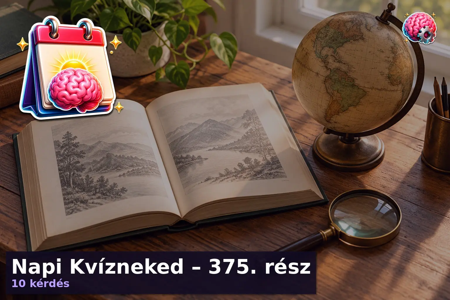 Napi Kvízneked – 375. rész 3 Napi kvíz 375. rész – könyv, földgömb és nagyító egy asztalon