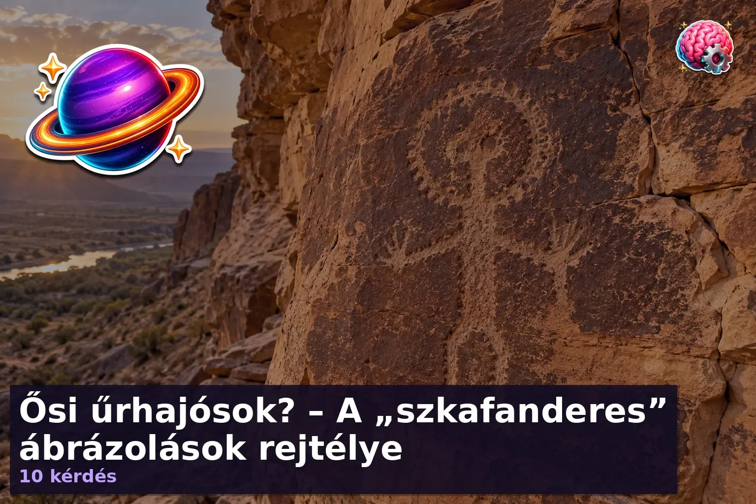 Ősi űrhajósok kvíz illusztrációja: kerek fejű alak egy ősi sziklarajzon