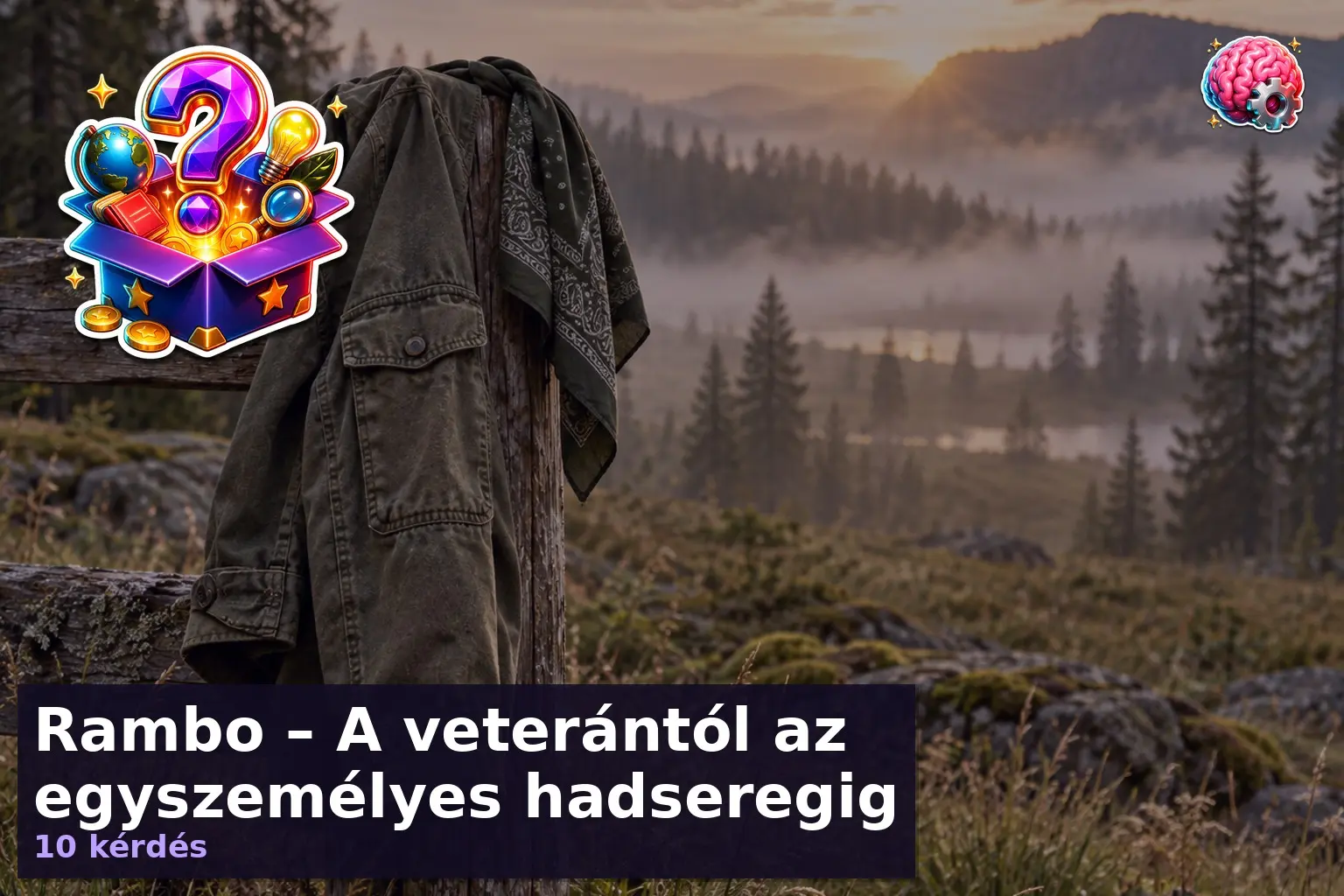 Katonai dzseki és fejpánt erdei kerítésen, Rambo kvíz hangulatkép