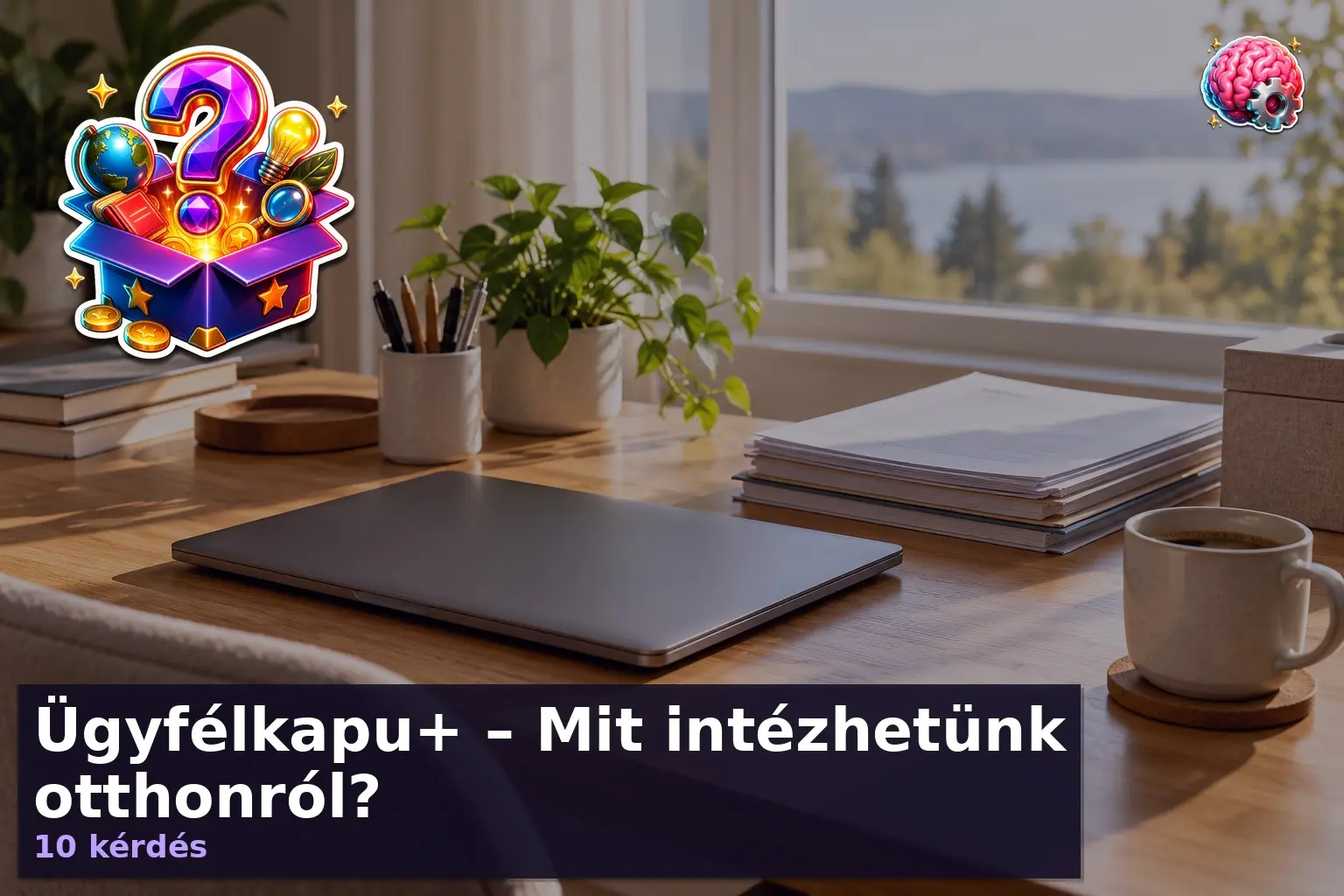 Ügyfélkapu+ – Mit intézhetünk otthonról? 3 Ügyfélkapu+ kvíz illusztráció: otthoni asztal laptoppal és hivatalos dokumentumokkal