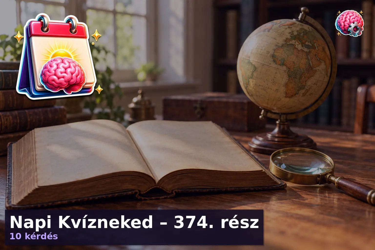 Napi Kvízneked – 374. rész 4 Vegyes kvíz illusztráció könyvvel és földgömbbel