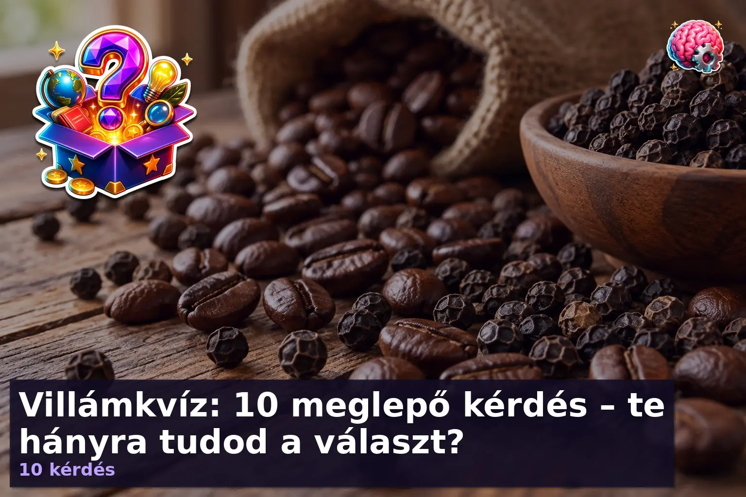 Vegyes kvíz illusztráció kávébabokkal és fekete borssal